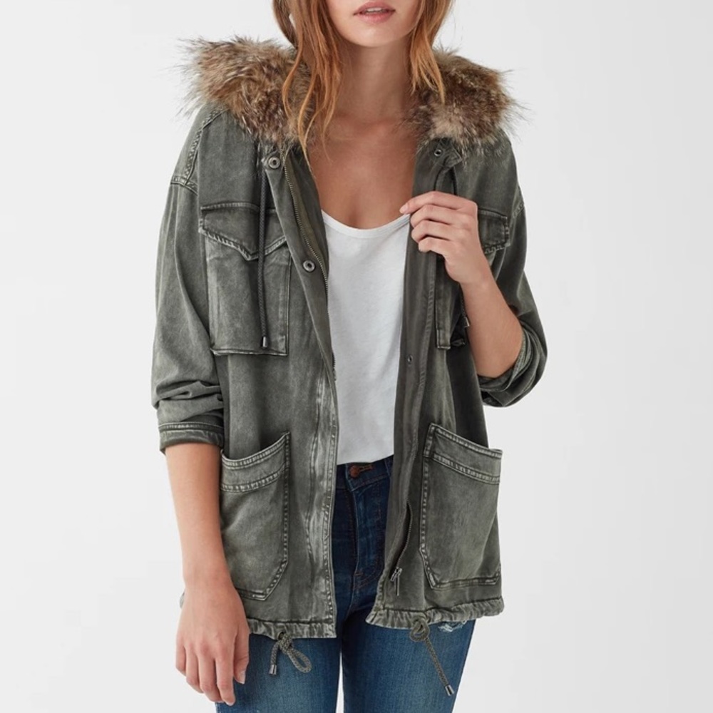 Splendid Dune Sateen Anorak Faux Fur Hood Jacket